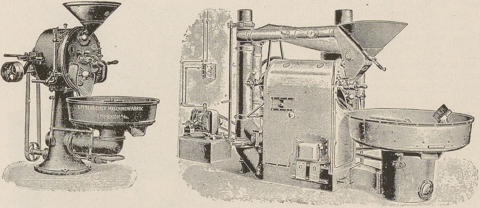 Gravure montrant trois torréfacteurs allemands, à boule et à tambour, avec leurs bacs de refroidissement.