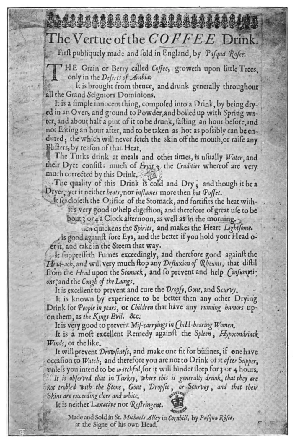 La première réclame pour le café, Londres, 1652, d'après l'original du British Museum