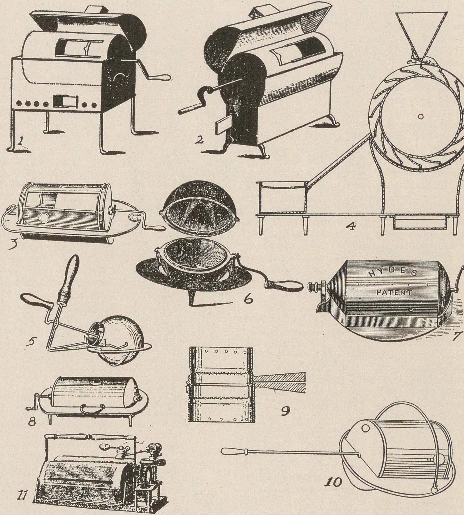 Planche numérotée réunissant onze torréfacteurs domestiques et de boutique du dix-neuvième siècle.