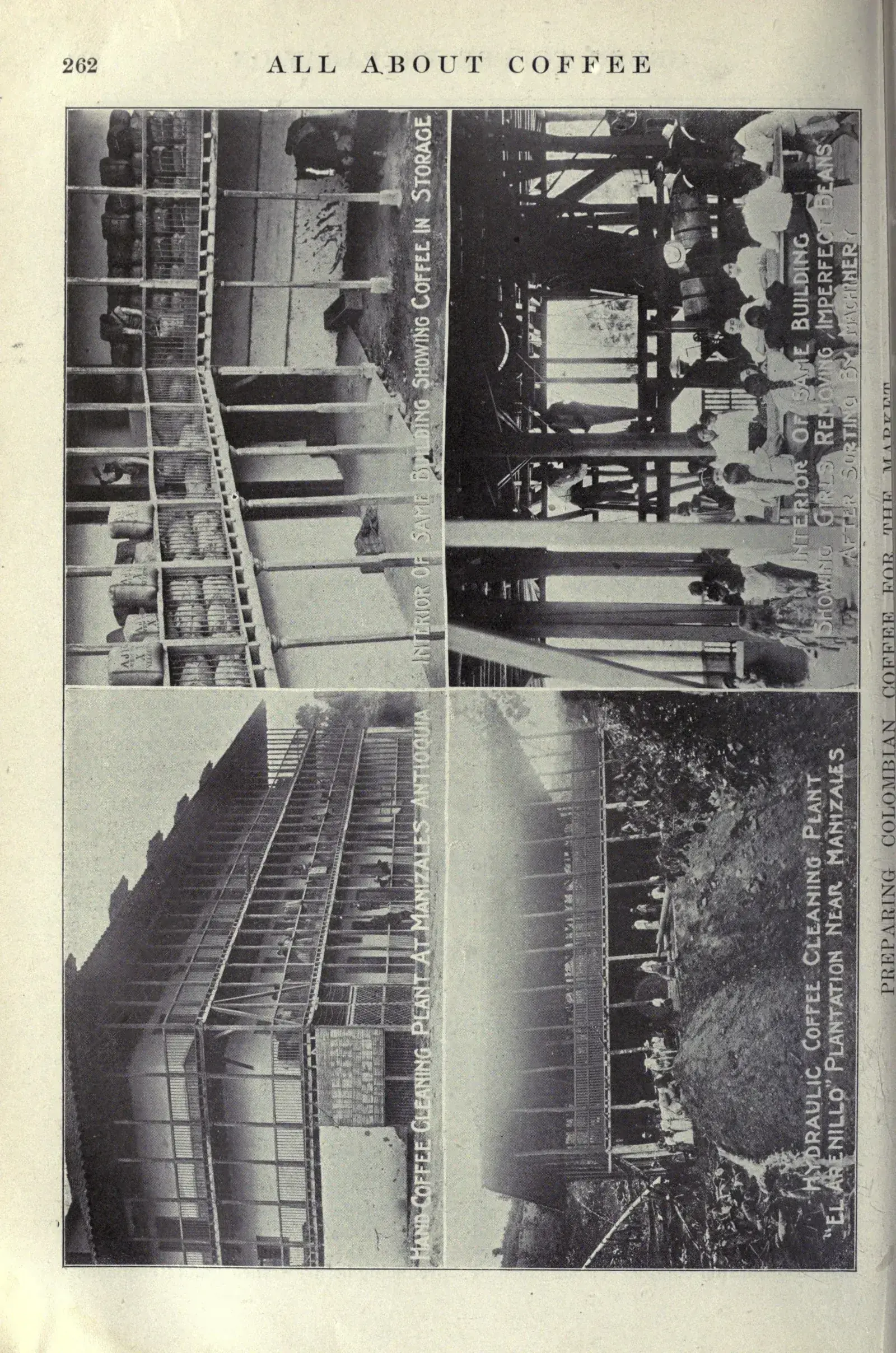 Planche pleine page composée de quatre photographies légendées à la verticale. On y voit une installation hydraulique de nettoyage du café près de Manizales, avec le canal qui amène l'eau et les bassins étagés, une plantation, l'intérieur d'un séchoir à étages, et un magasin de café en parche. L'eau y est à la fois l'outil de lavage et la force motrice de l'installation.