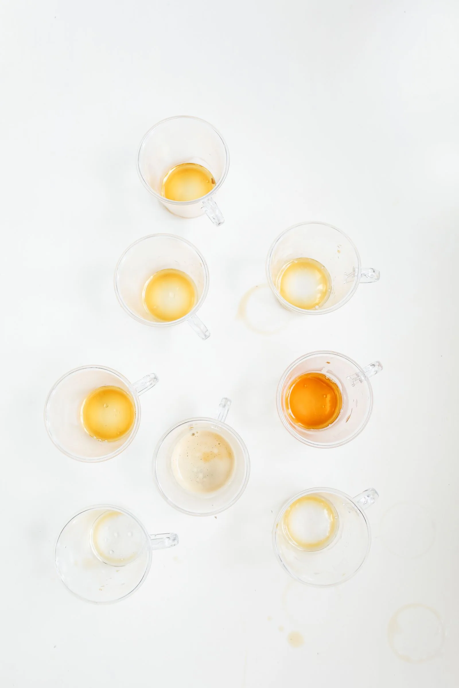 Huit petits verres à anse vus à la verticale sur un plan blanc, chacun gardant un fond de café de couleur différente.